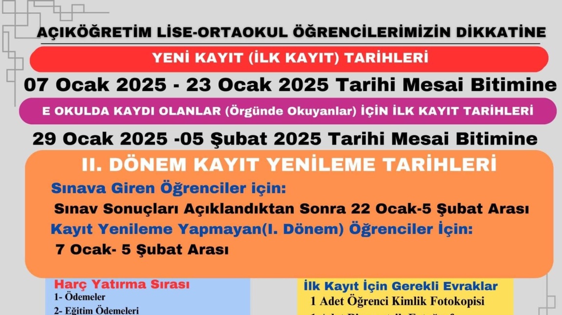 Açık Öğretim Ortaokulu ve Lisesi Öğrencilerine Duyuru